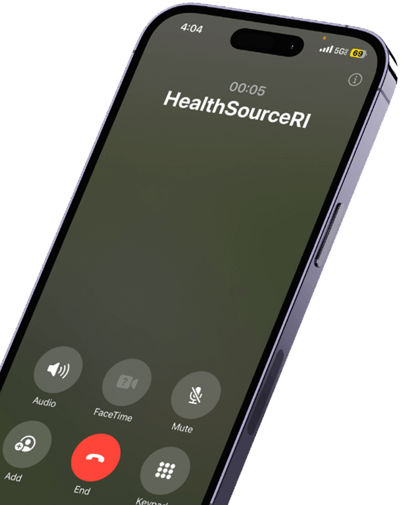 Smartphone screen displaying an active call with "HealthSource RI."