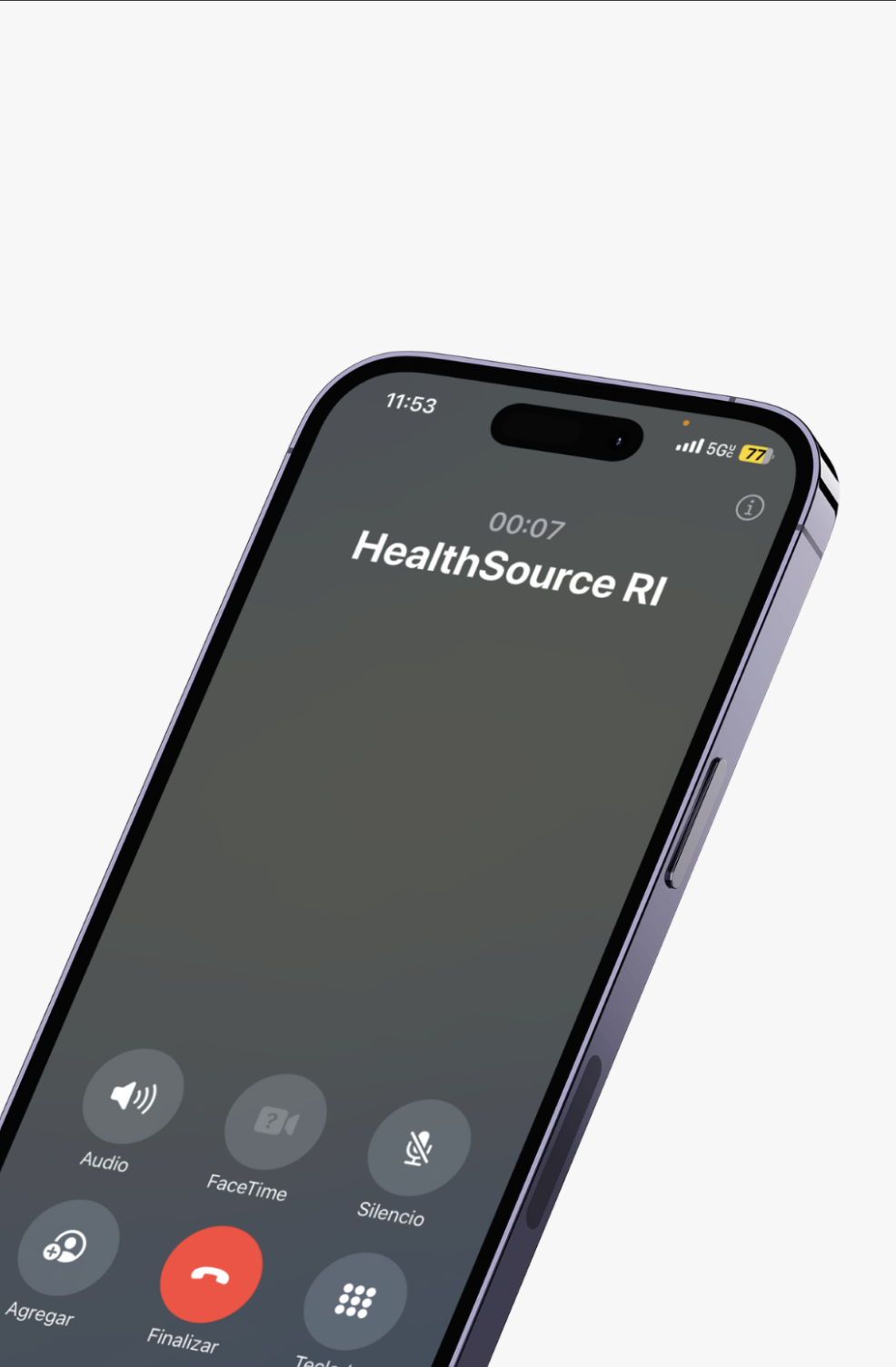 Smartphone screen displaying an active call with "HealthSource RI."